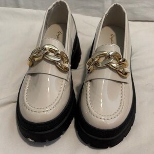Qupid Cream Loafers with Gold Accent